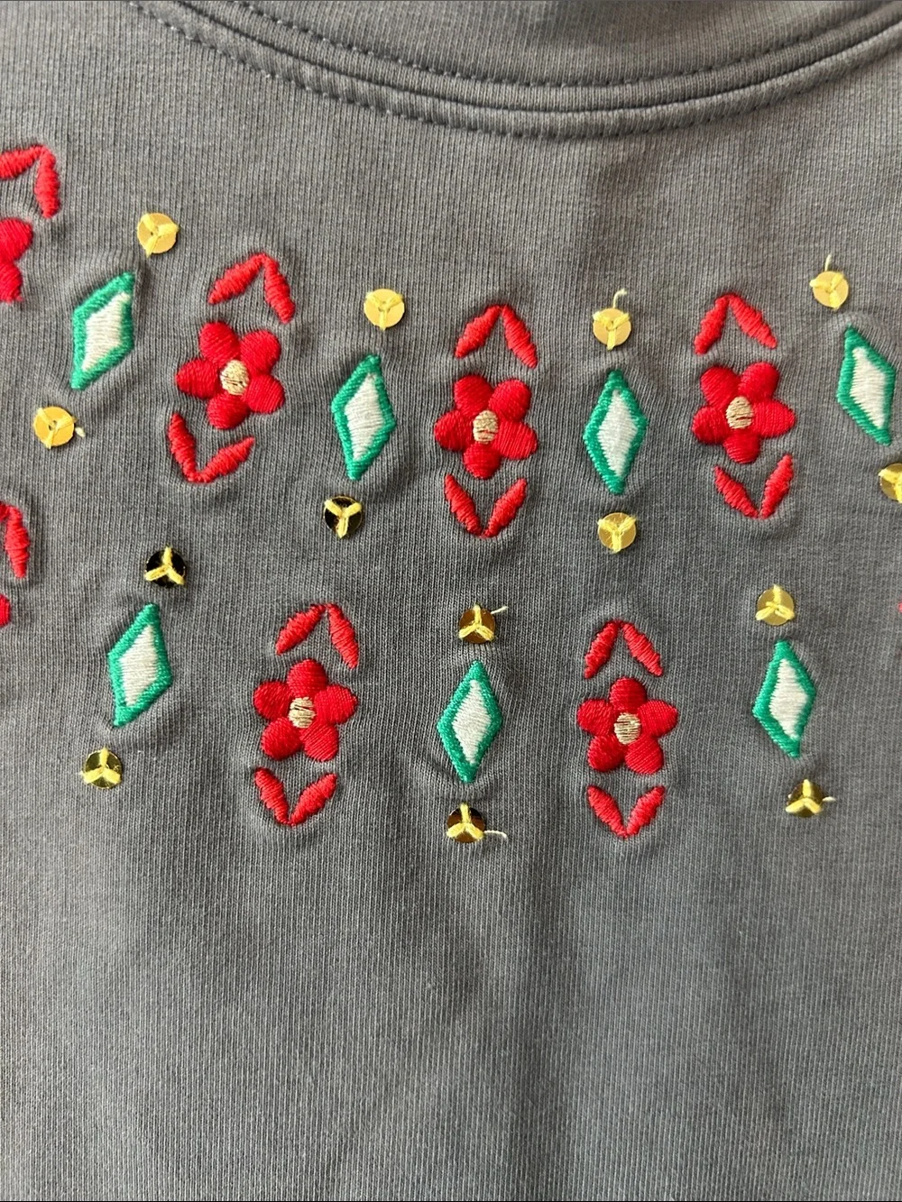 Gymboree Gray Sweatshirt Dress with Red and Teal Embellishments